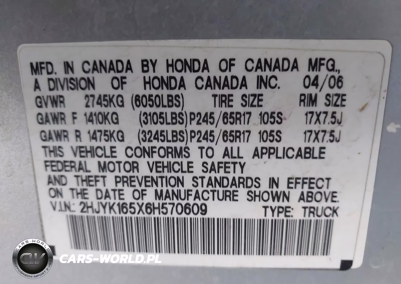 2006 Honda Ridgeline Rtl VIN:2HJYK165X6H570609 - 9