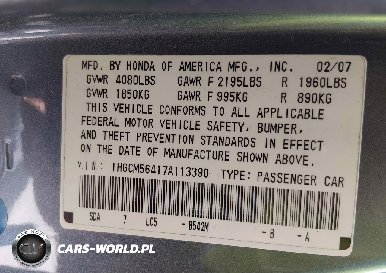 2007 Honda Accord 2.4 Lx VIN:1HGCM56417A113390 - 9