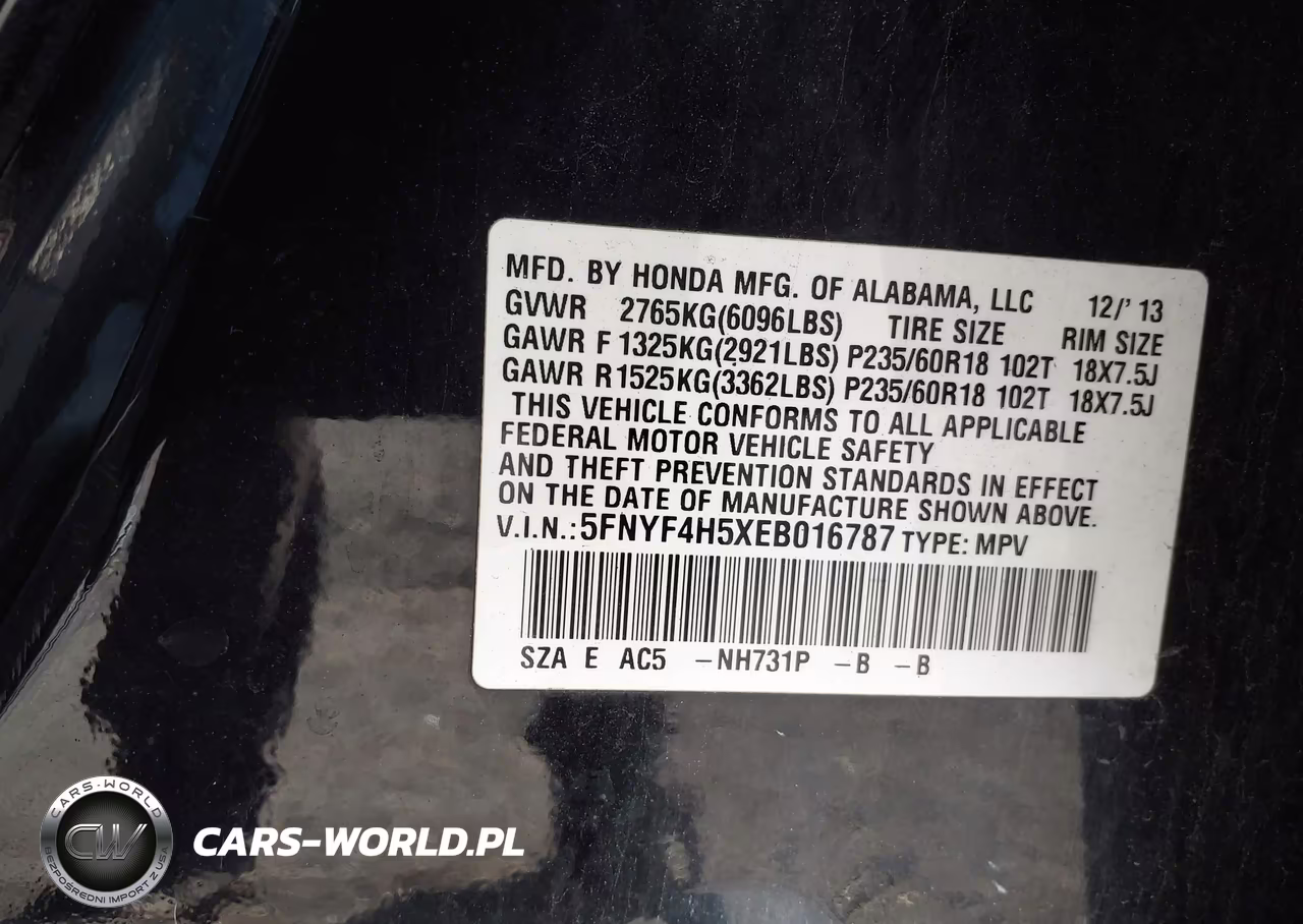 2014 Honda Pilot Ex-L VIN:5FNYF4H5XEB016787 - 9