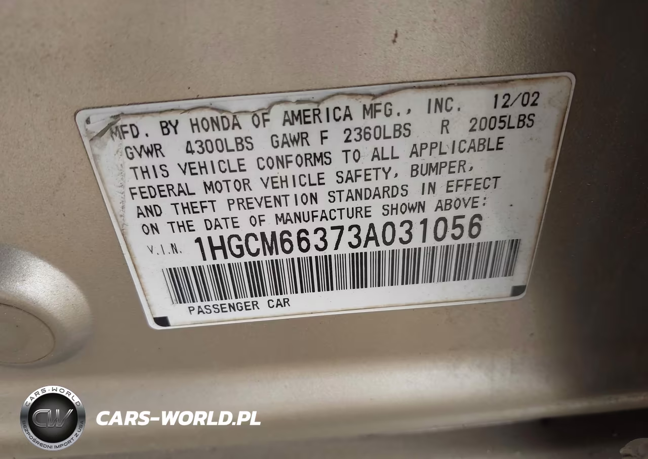 HONDA ACCORD VIN:1HGCM66373A031056 - 9