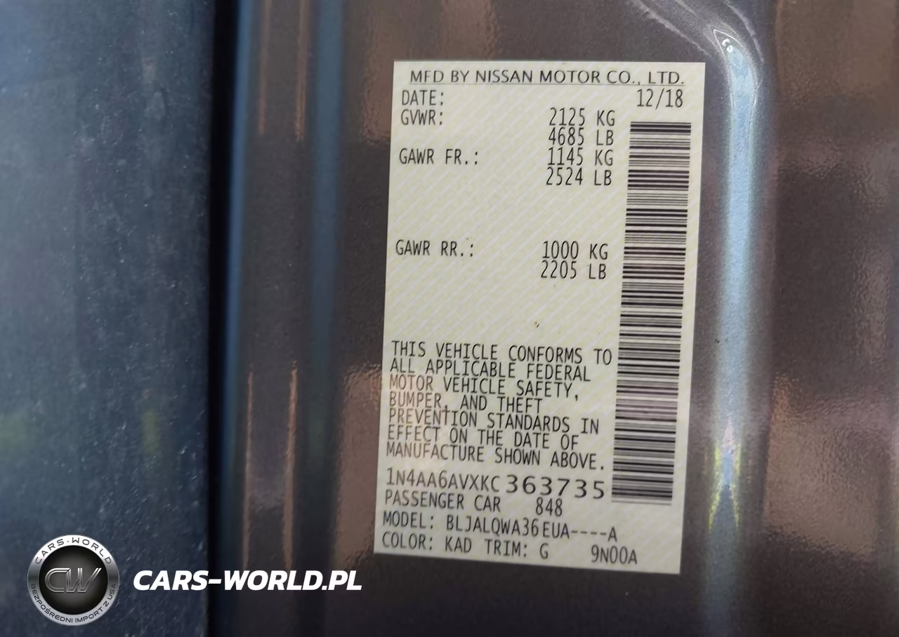 2019 Nissan Maxima 3.5 S VIN:1N4AA6AVXKC363735 - 9