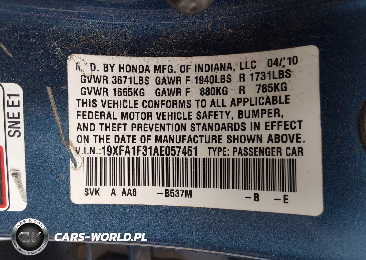 2010 Honda Civic Vp VIN:19XFA1F31AE057461 - 9