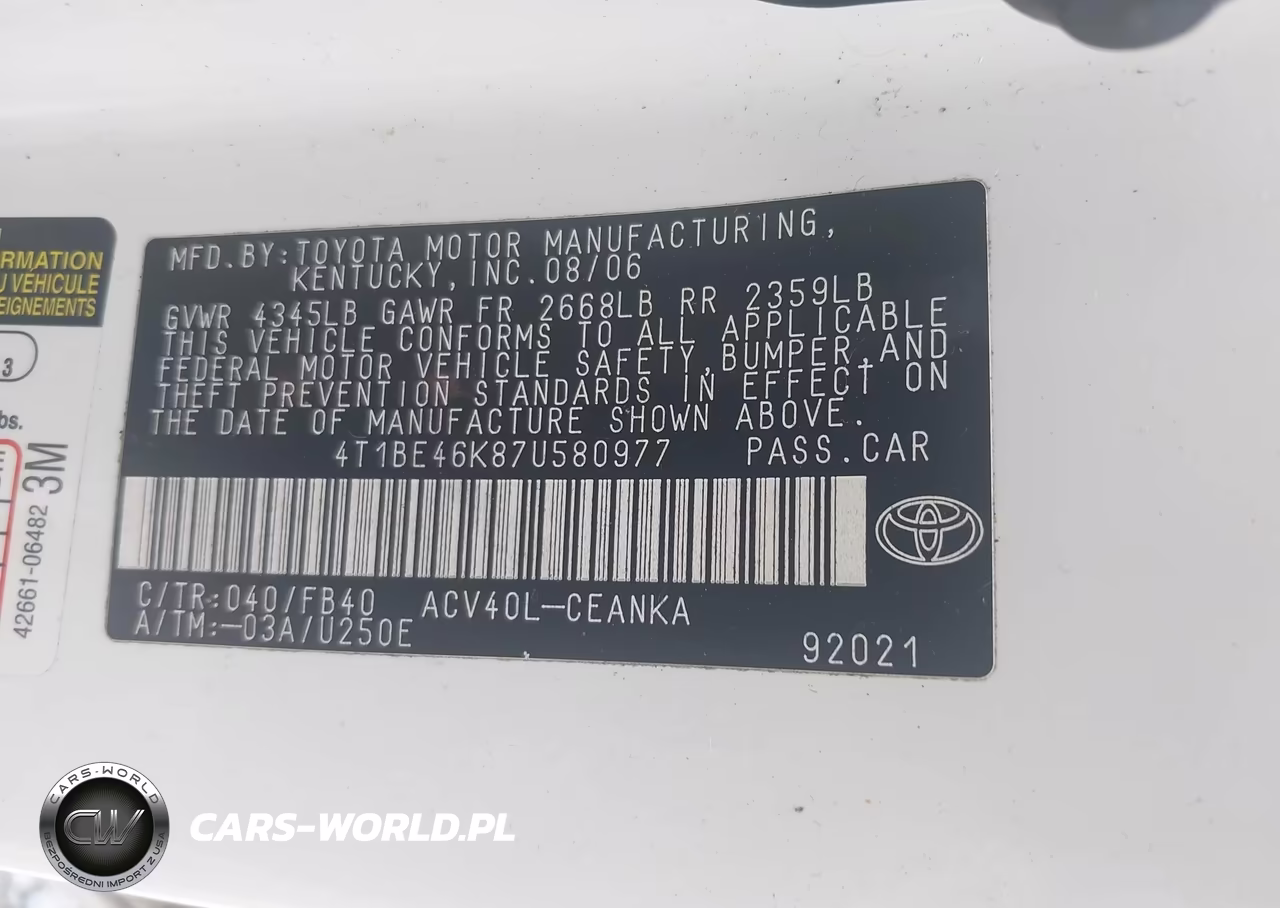 2007 Toyota Camry Le VIN:4T1BE46K87U580977 - 9
