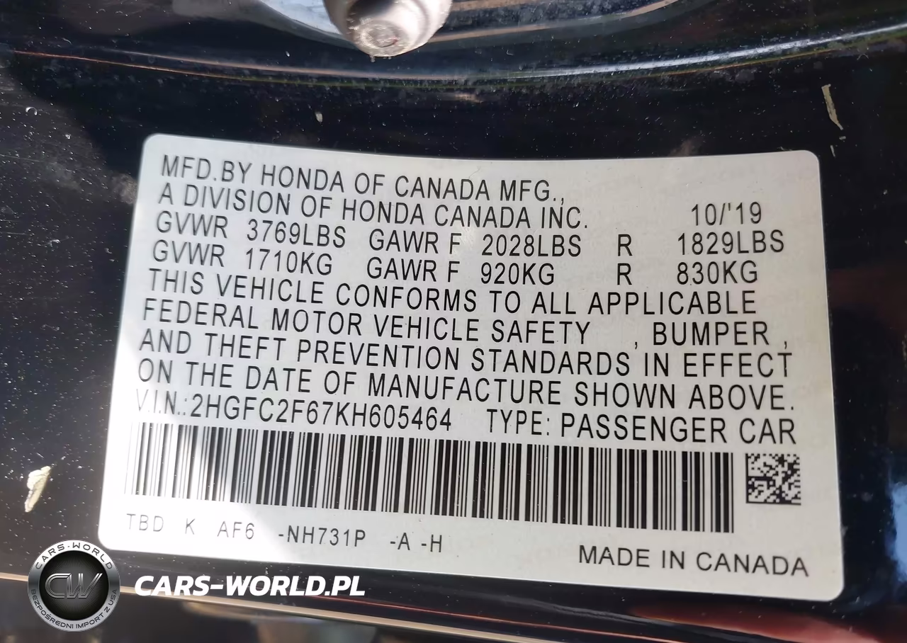 2019 Honda Civic Lx VIN:2HGFC2F67KH605464 - 9