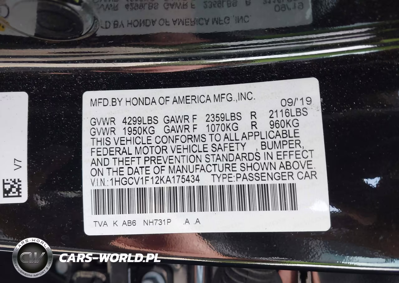 2019 Honda Accord Lx VIN:1HGCV1F12KA175434 - 9