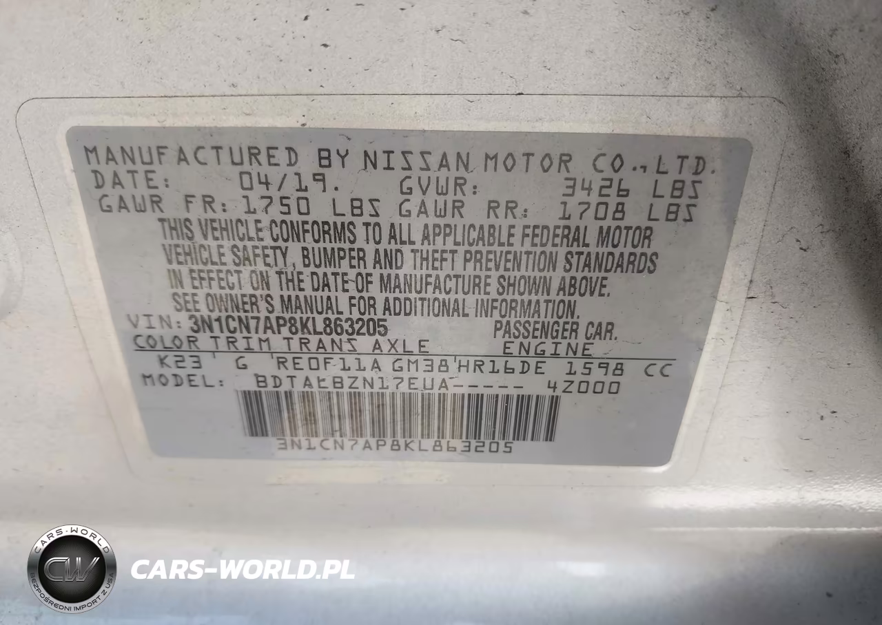 2019 Nissan Versa 1.6 Sv VIN:3N1CN7AP8KL863205 - 9