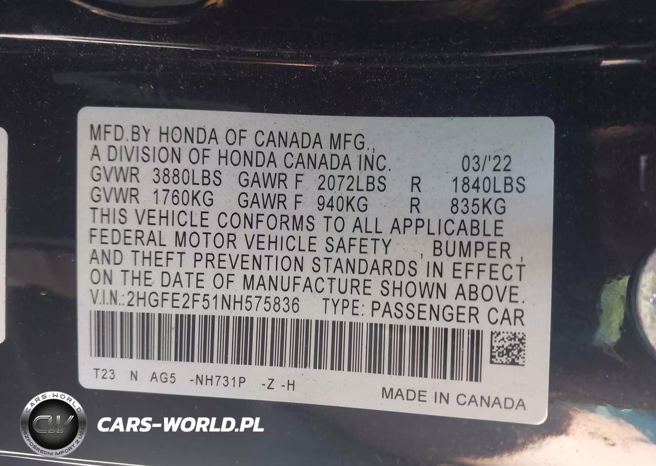 2022 Honda Civic Sport VIN:2HGFE2F51NH575836 - 9
