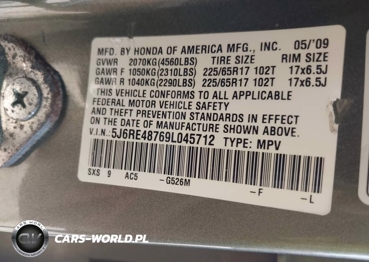 2009 Honda Cr-V Ex-L VIN:5J6RE48769L045712 - 9