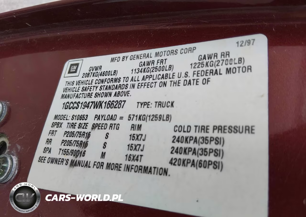 1998 Chevrolet S-10 Ls VIN:1GCCS1947WK166287 - 9