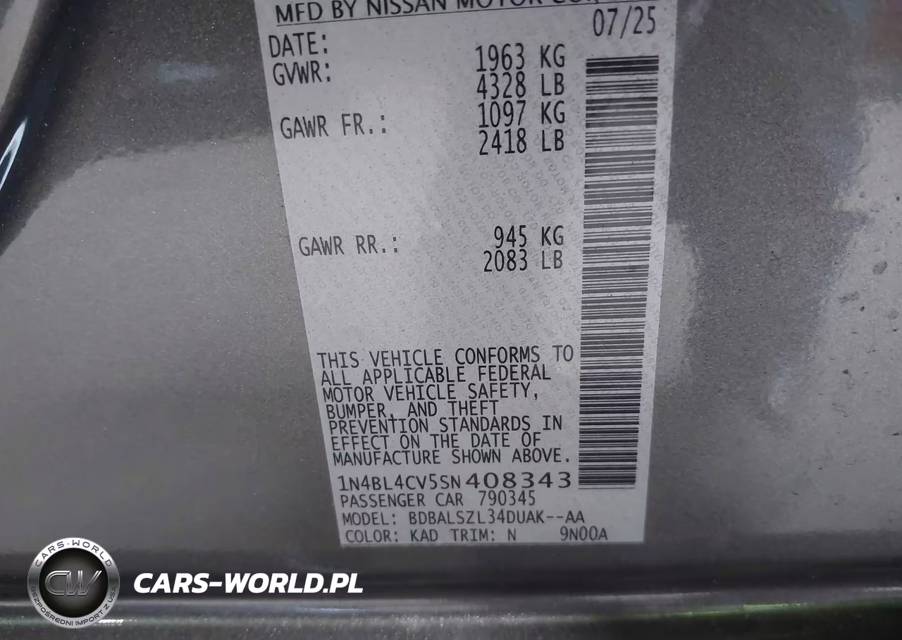 2025 Nissan Altima Sr Fwd VIN:1N4BL4CV5SN408343 - 9
