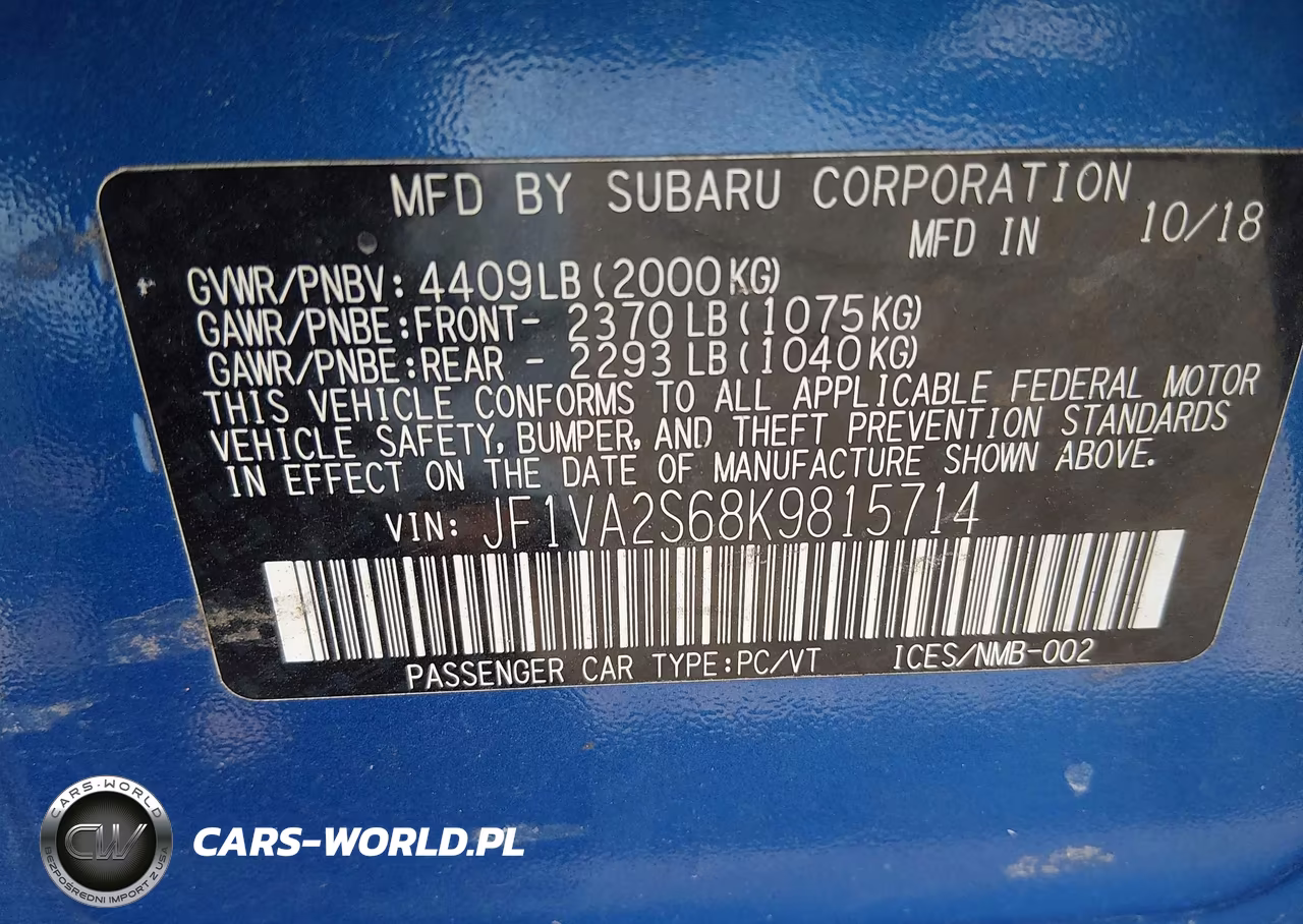 2019 Subaru Wrx Sti VIN:JF1VA2S68K9815714 - 9