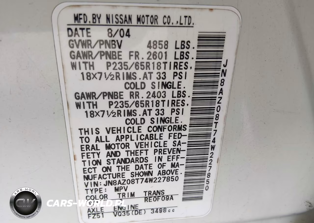 2004 Nissan Murano Sl VIN:JN8AZ08T74W227850 - 9