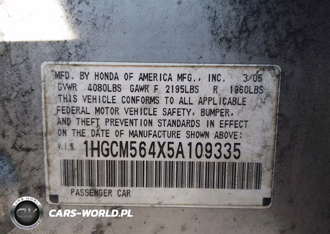 2005 Honda Accord 2.4 Lx VIN:1HGCM564X5A109335 - 9