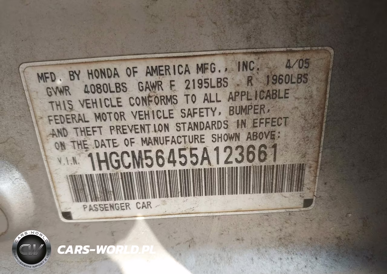 2005 Honda Accord 2.4 Lx VIN:1HGCM56455A123661 - 9