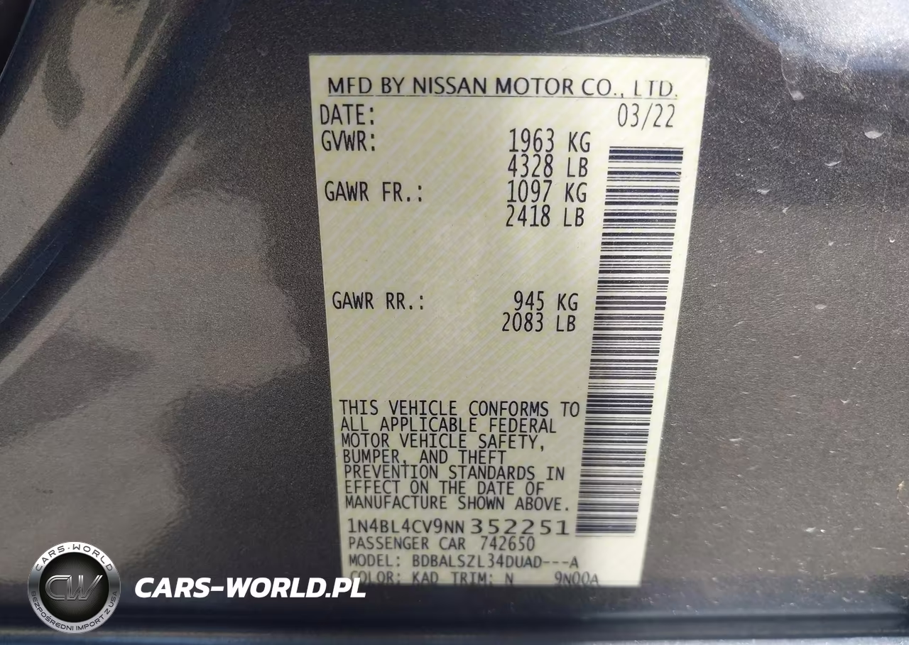 2022 Nissan Altima Sr Fwd VIN:1N4BL4CV9NN352251 - 9