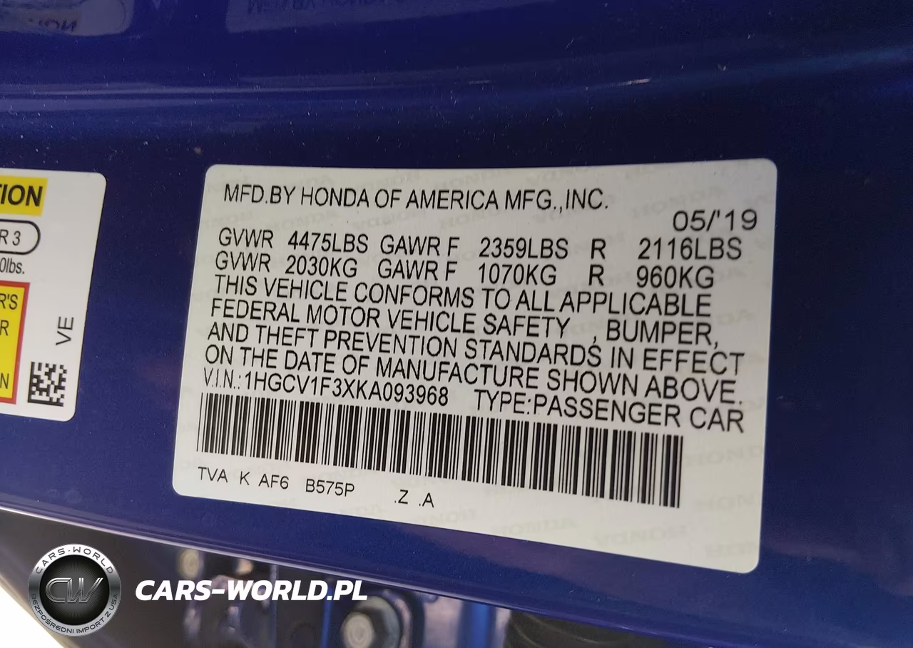 2019 Honda Accord Sport VIN:1HGCV1F3XKA093968 - 9