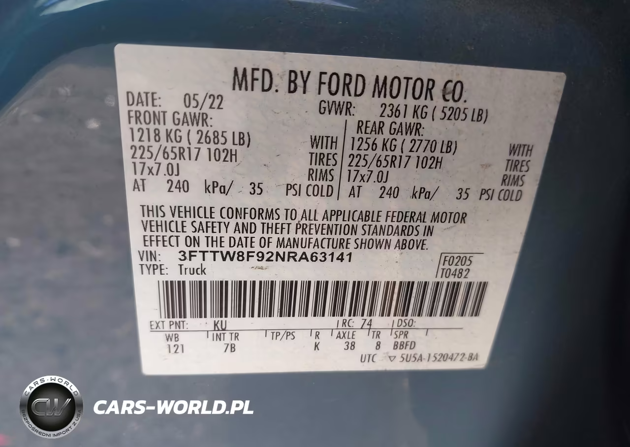 FORD MAVERICK VIN:3FTTW8F92NRA63141 - 9