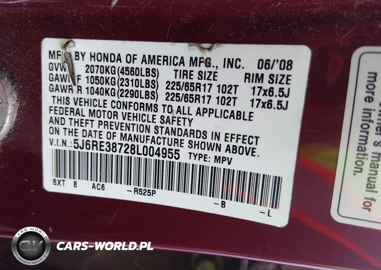 2008 Honda Cr-V Ex-L VIN:5J6RE38728L004955 - 9