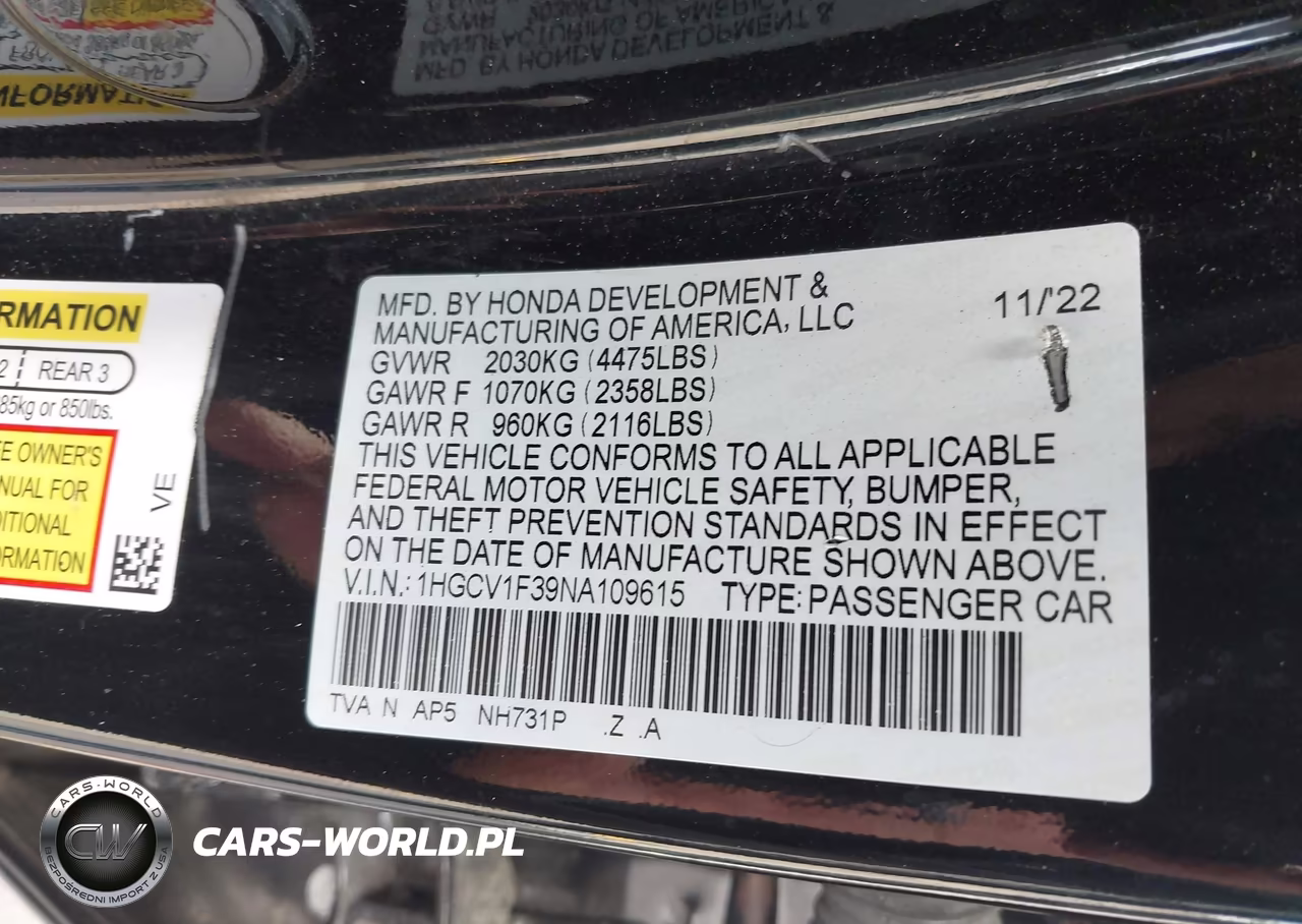 2022 Honda Accord Sport VIN:1HGCV1F39NA109615 - 9
