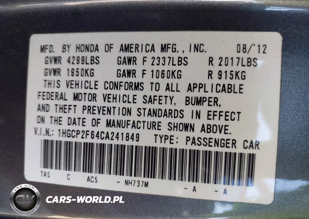 2012 Honda Accord 2.4 Se VIN:1HGCP2F64CA241849 - 9