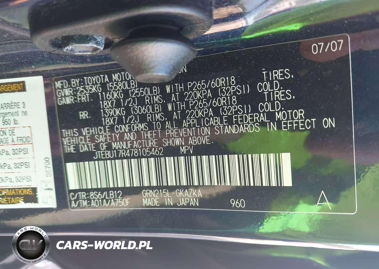 2007 Toyota 4Runner Limited VIN:JTEBU17R478105462 - 9