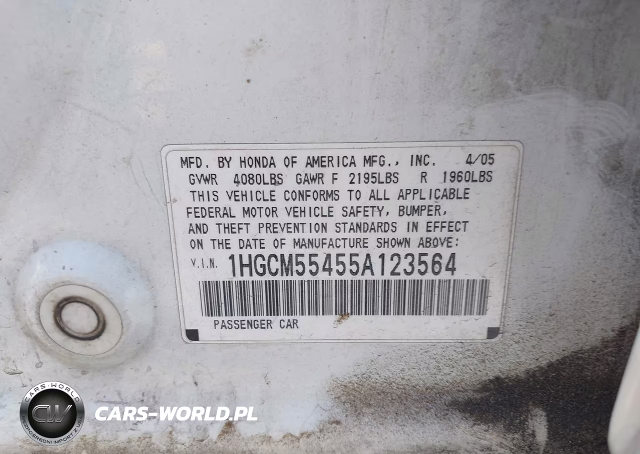 2005 Honda Accord 2.4 Lx VIN:1HGCM55455A123564 - 9