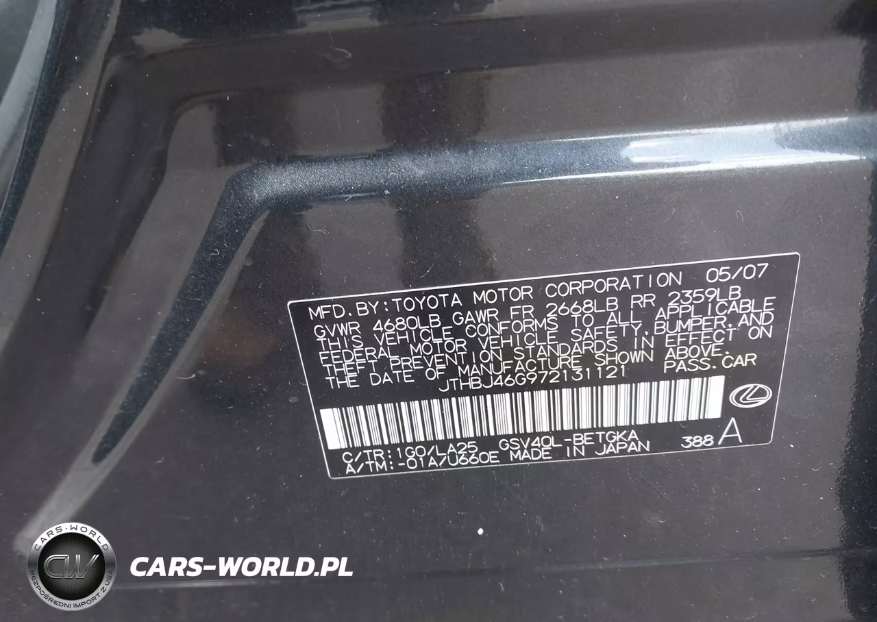 2007 Lexus Es 350 VIN:JTHBJ46G972131121 - 9