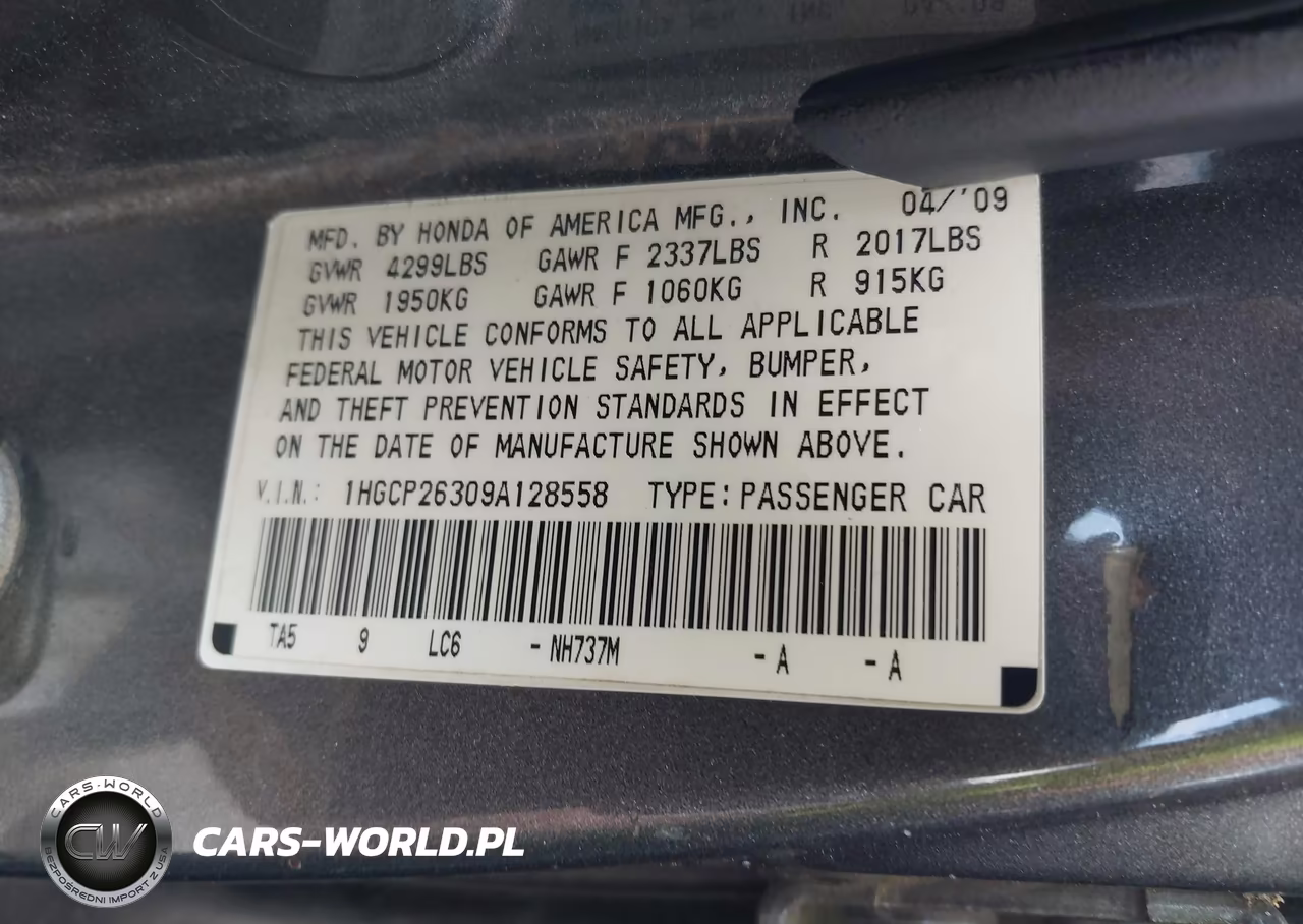 2009 Honda Accord 2.4 Lx VIN:1HGCP26309A128558 - 9