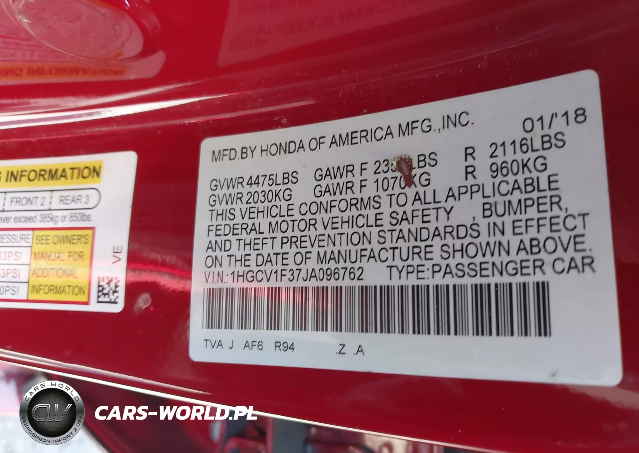 2018 Honda Accord Sport VIN:1HGCV1F37JA096762 - 9