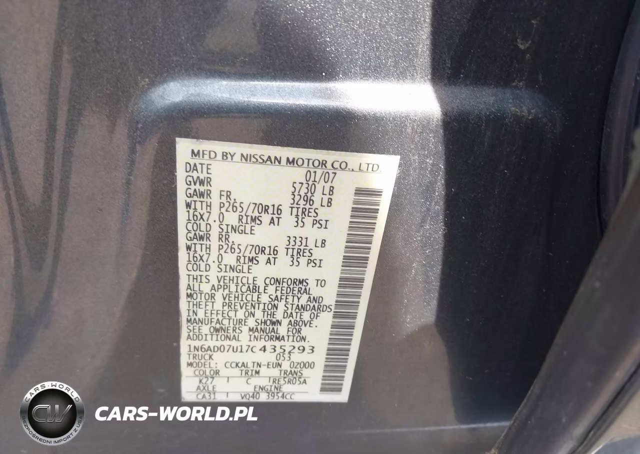 2007 Nissan Frontier Se VIN:1N6AD07U17C435293 - 9