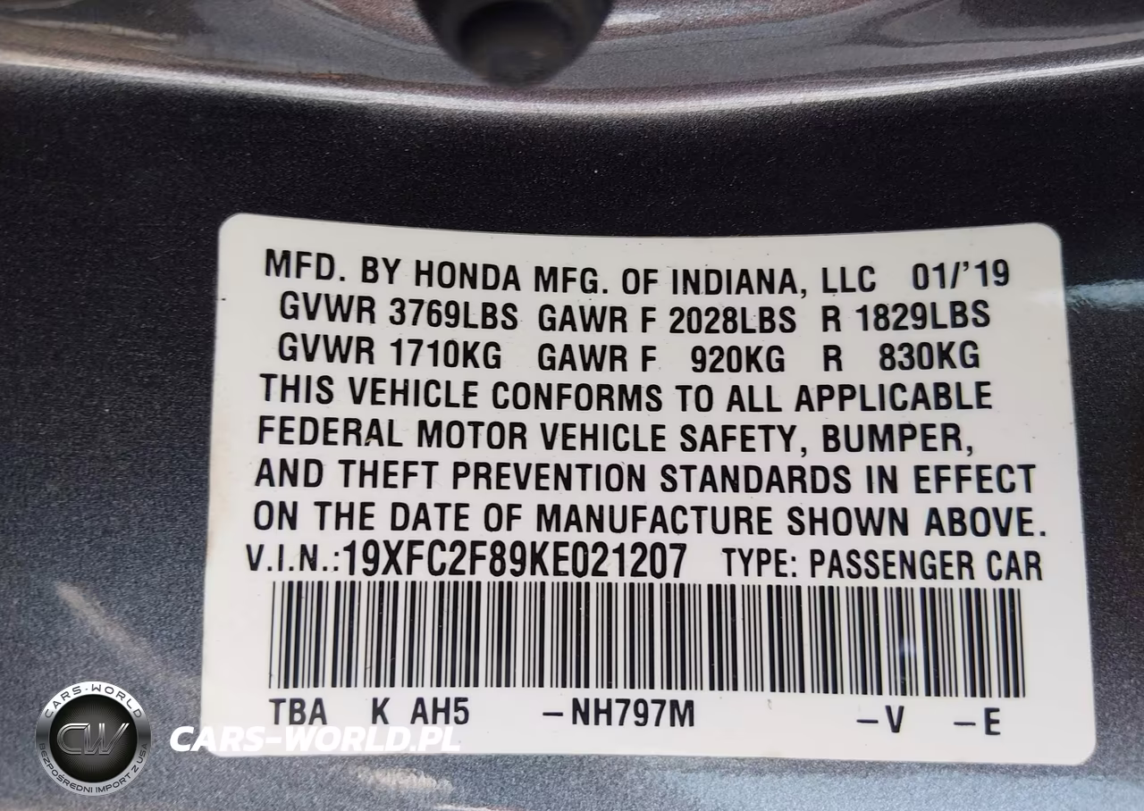 2019 Honda Civic Sport VIN:19XFC2F89KE021207 - 9