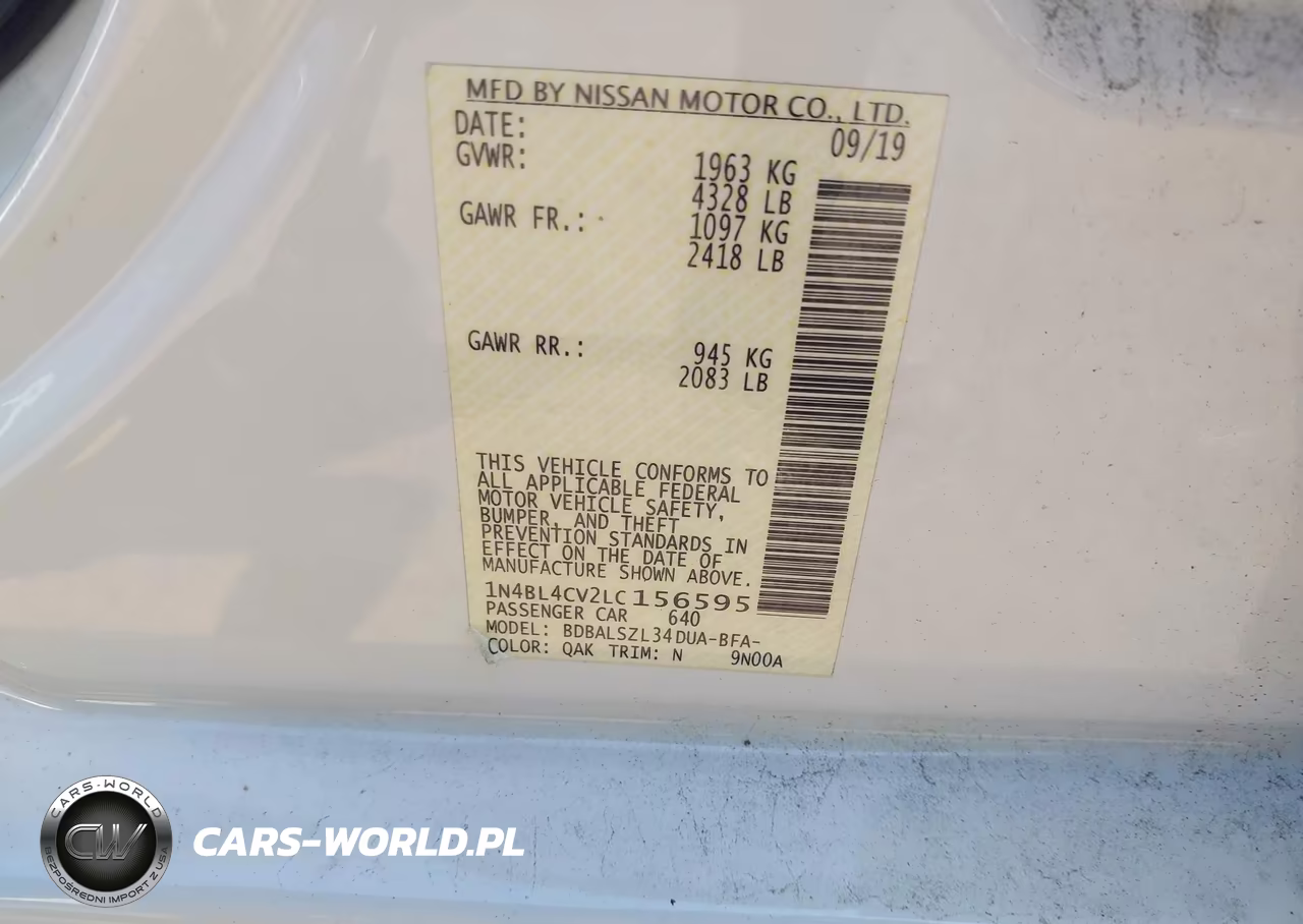 2020 Nissan Altima Sr Fwd VIN:1N4BL4CV2LC156595 - 9