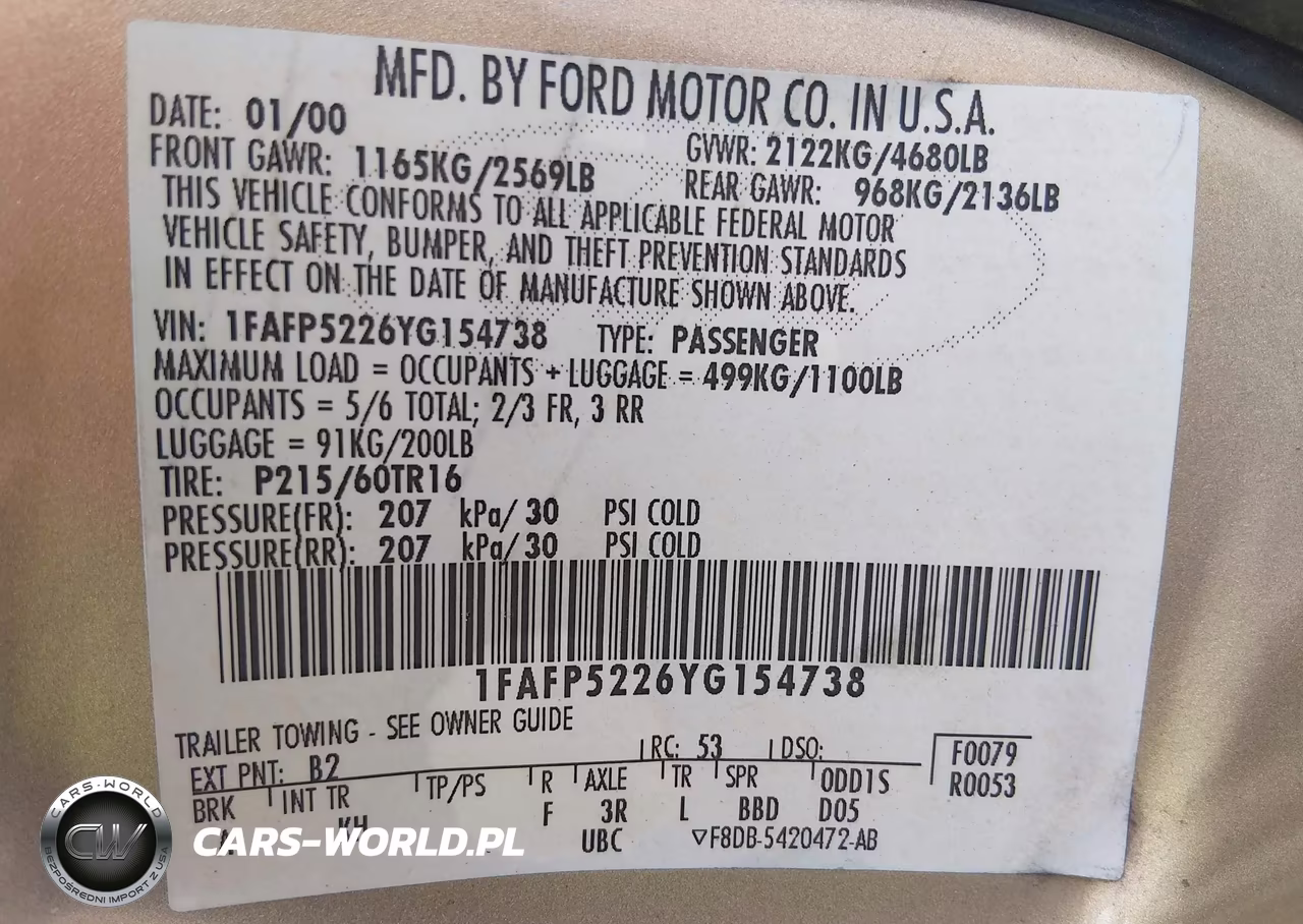 2000 Ford Taurus Lx VIN:1FAFP5226YG154738 - 9