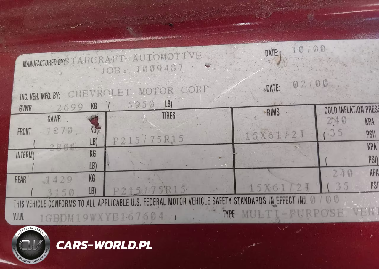 2000 Chevrolet Astro Upfitter Pkg. VIN:1GBDM19WXYB167604 - 9