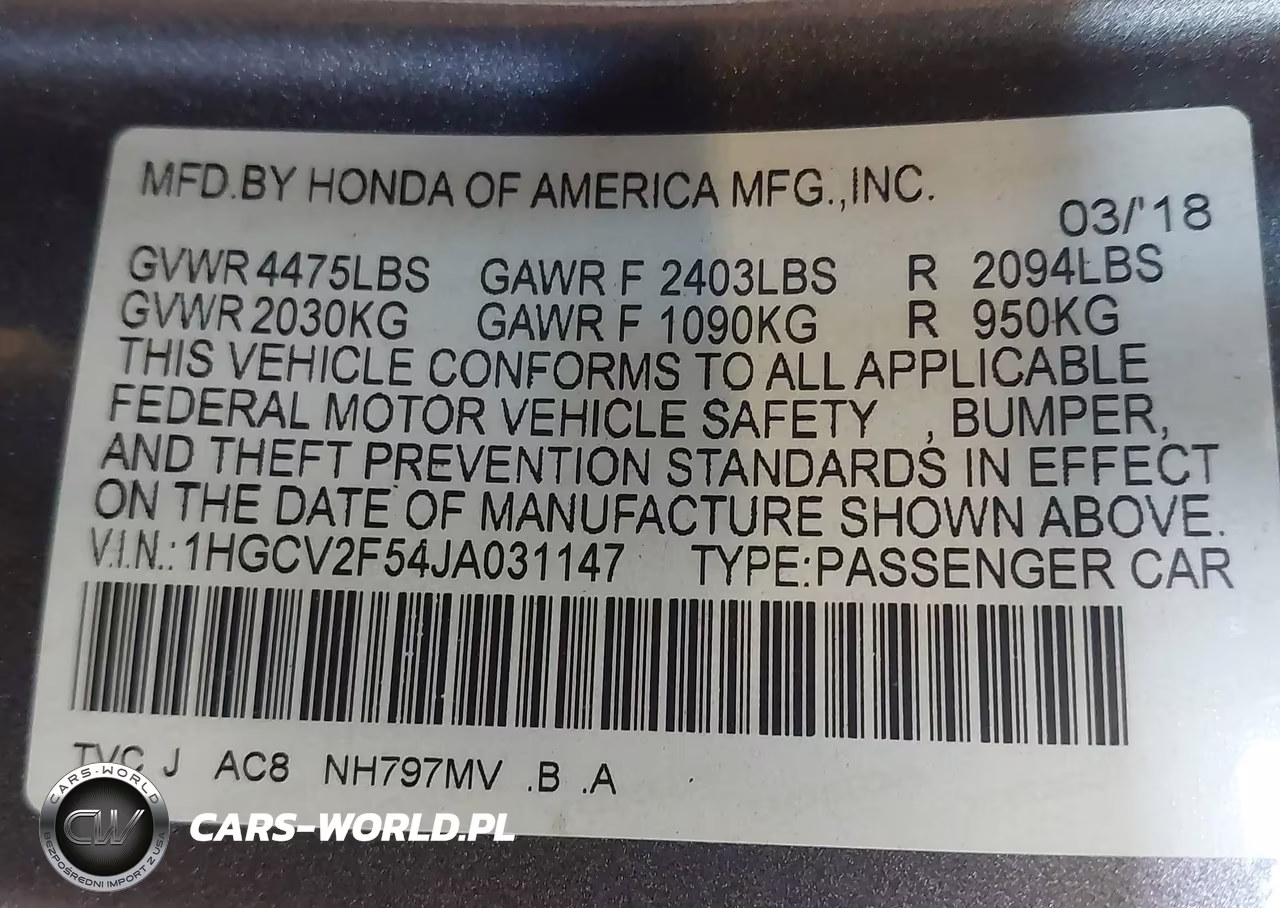 2018 Honda Accord Ex-L 2.0T VIN:1HGCV2F54JA031147 - 9