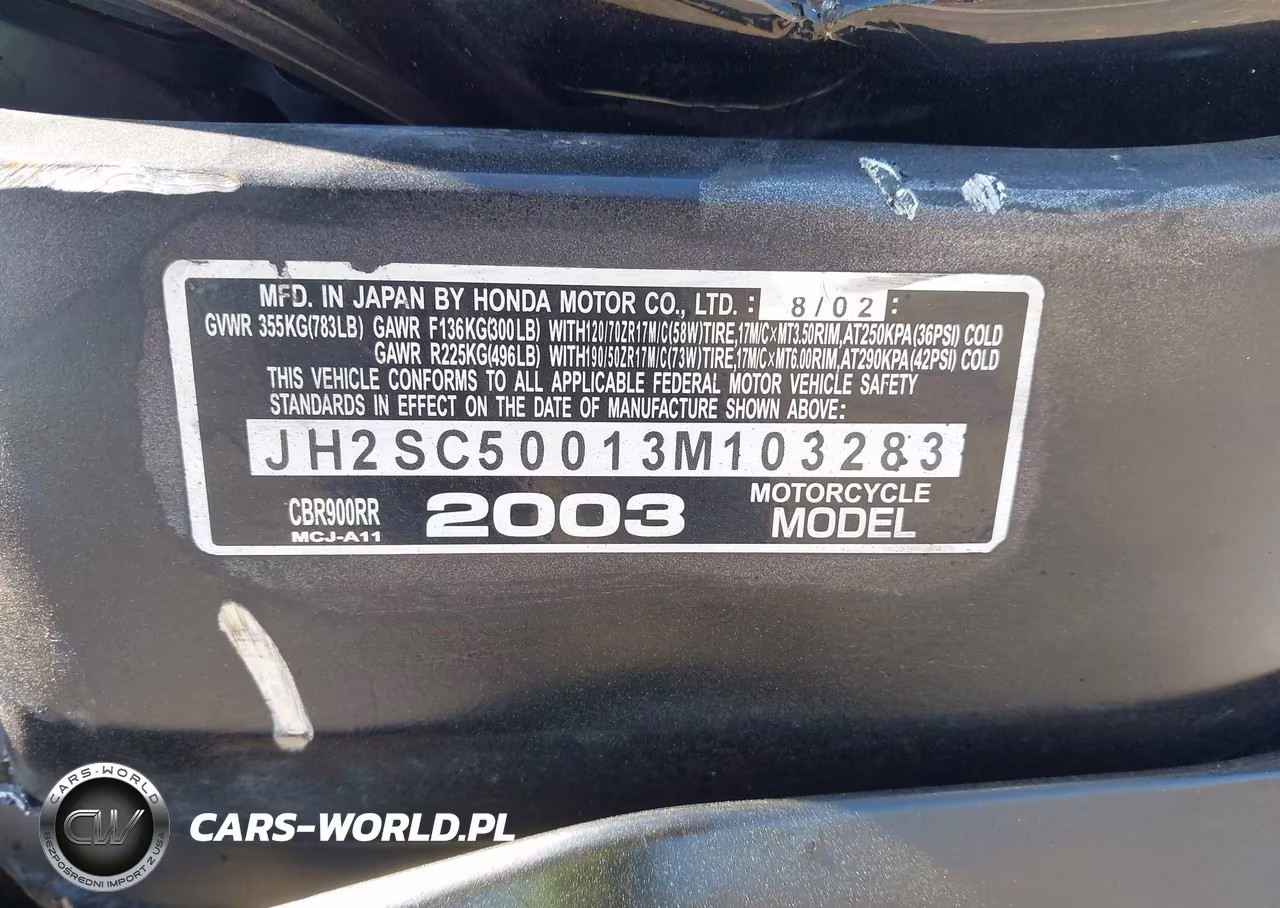 2003 Honda Cbr900 Rr VIN:JH2SC50013M103283 - 10