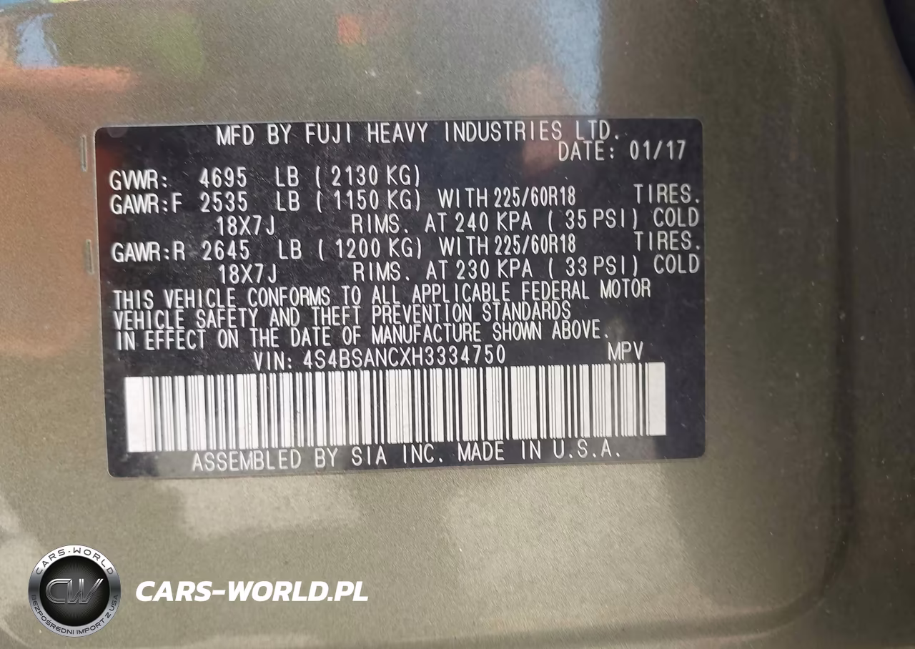 2017 Subaru Outback 2.5I Limited VIN:4S4BSANCXH3334750 - 9