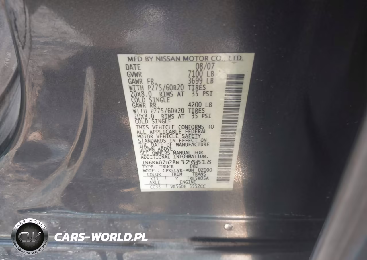 2008 Nissan Titan Le VIN:1N6BA07D28N326618 - 9