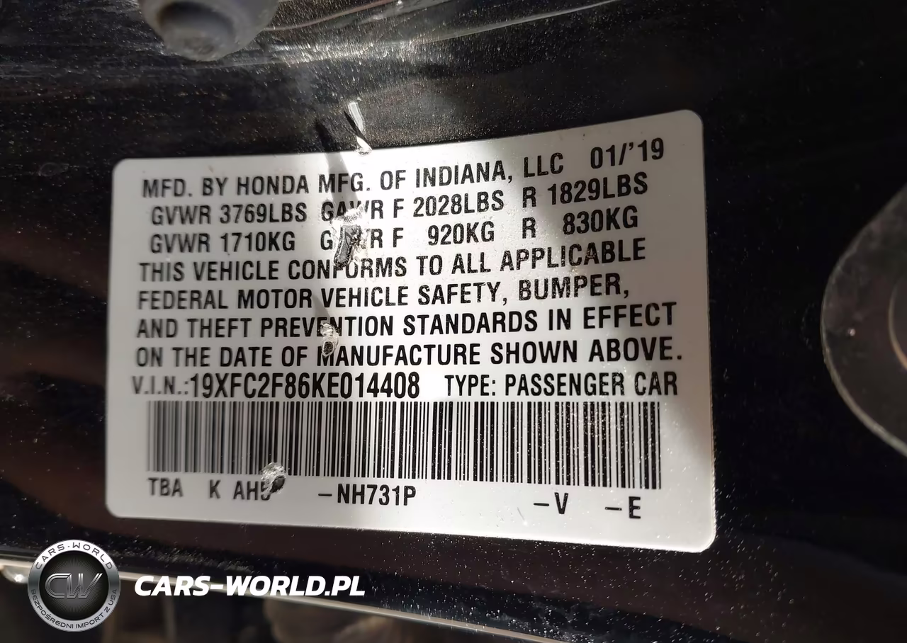 2019 Honda Civic Sport VIN:19XFC2F86KE014408 - 9
