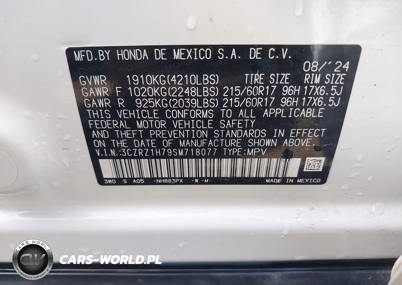 2025 Honda Hr-V 2Wd Ex-L VIN:3CZRZ1H79SM718077 - 9