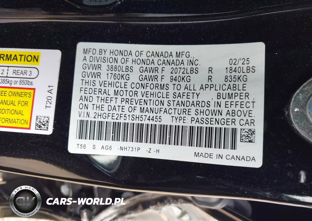 2025 Honda Civic Sport VIN:2HGFE2F51SH574455 - 9