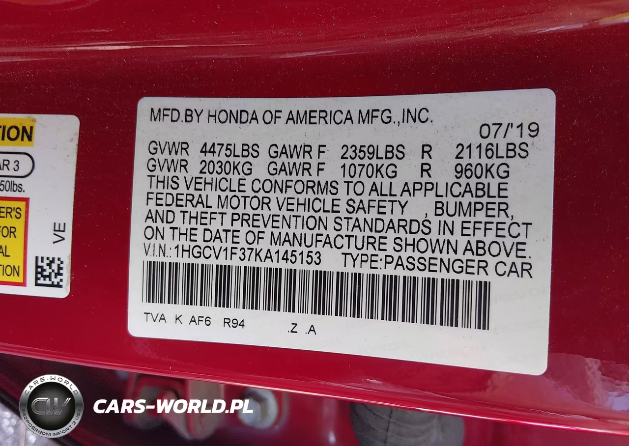 2019 Honda Accord Sport VIN:1HGCV1F37KA145153 - 9