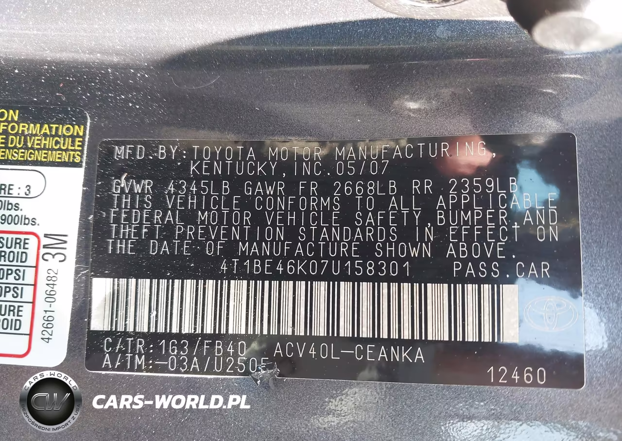 2007 Toyota Camry Le VIN:4T1BE46K07U158301 - 9