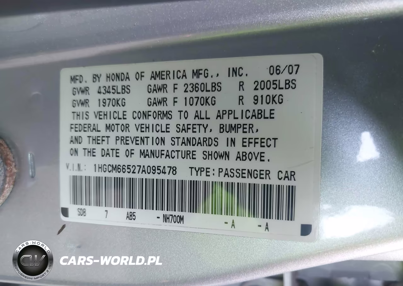 2007 Honda Accord 3.0 Ex VIN:1HGCM66527A095478 - 9