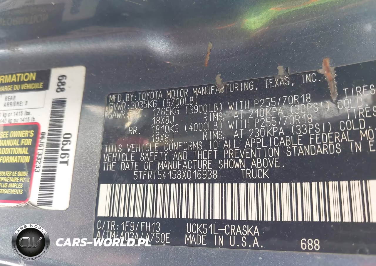 2008 Toyota Tundra Base 4.7L V8 VIN:5TFRT54158X016938 - 9