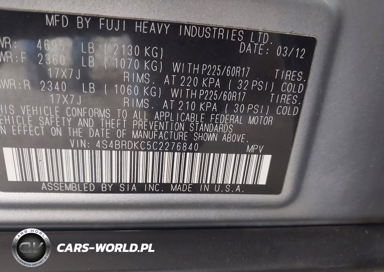 2012 Subaru Outback 3.6R Limited VIN:4S4BRDKC5C2276840 - 9