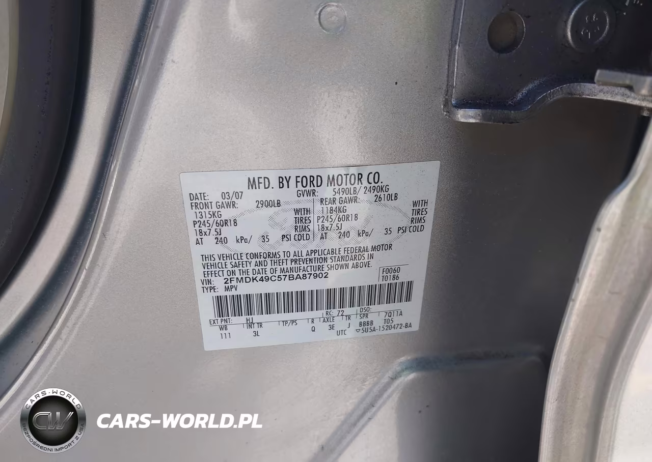 2007 Ford Edge Sel Plus VIN:2FMDK49C57BA87902 - 9