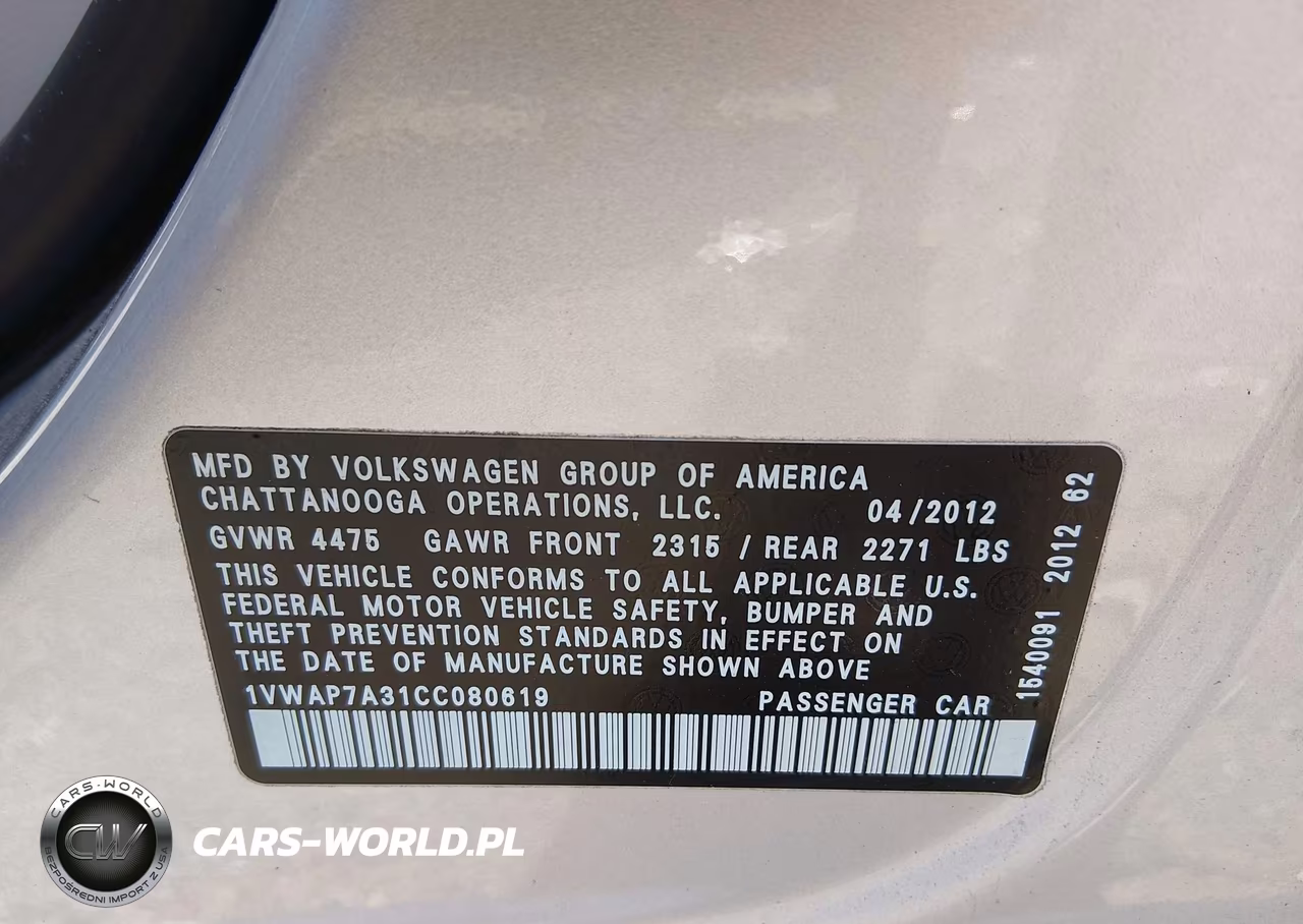 2012 Volkswagen Passat 2.5L S VIN:1VWAP7A31CC080619 - 9