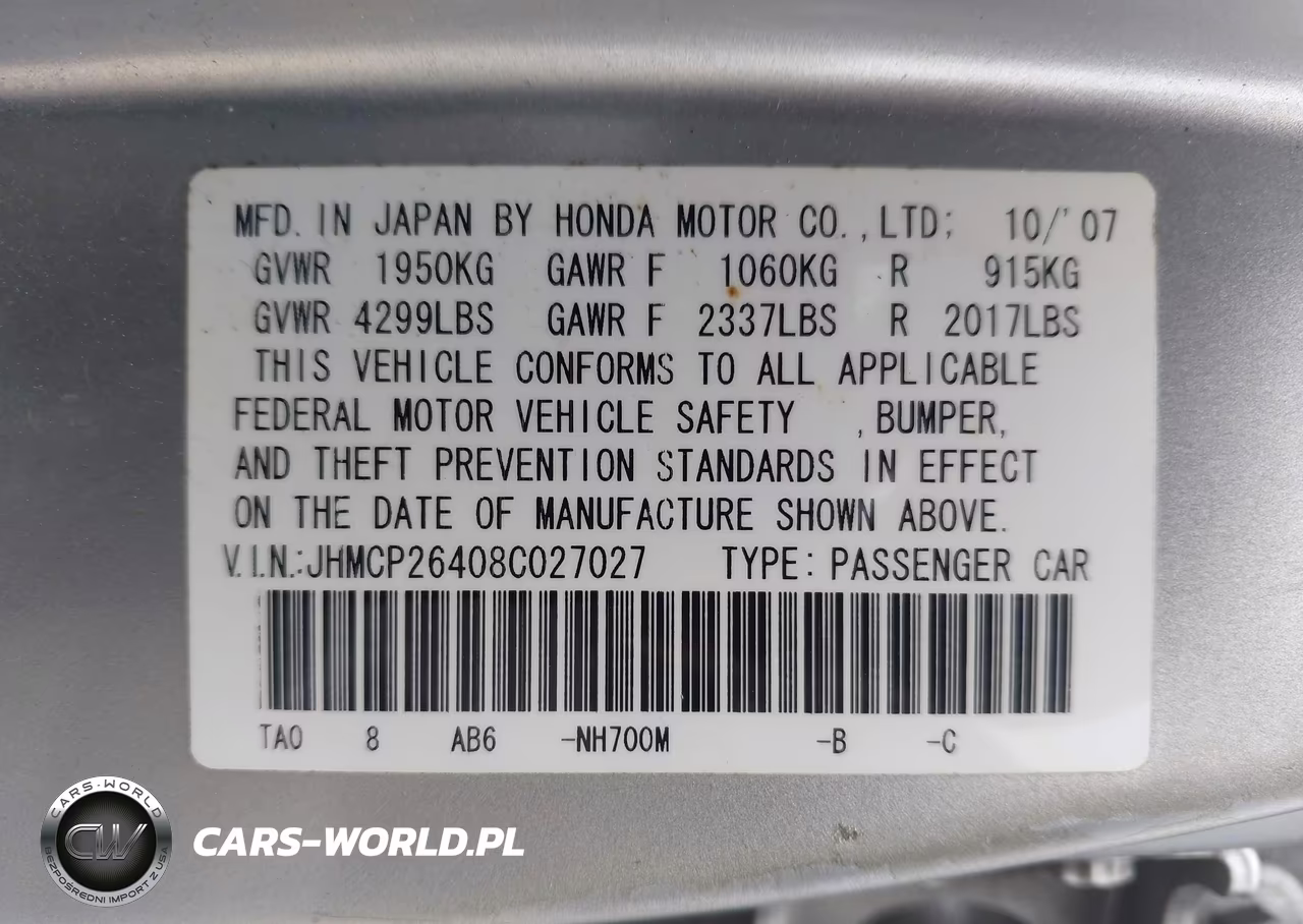 2008 Honda Accord 2.4 Lx-P VIN:JHMCP26408C027027 - 9