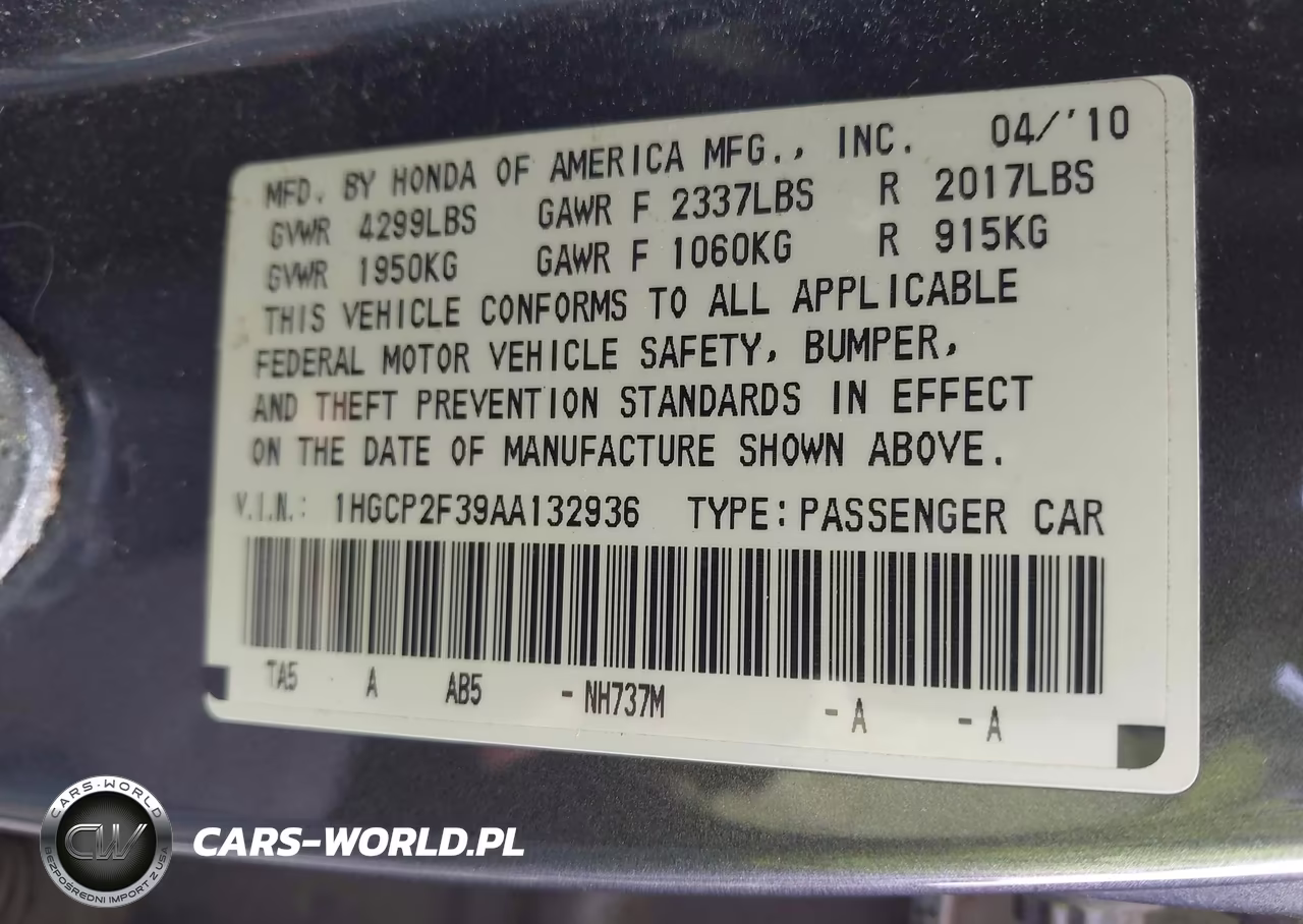 2010 Honda Accord 2.4 Lx VIN:1HGCP2F39AA132936 - 9